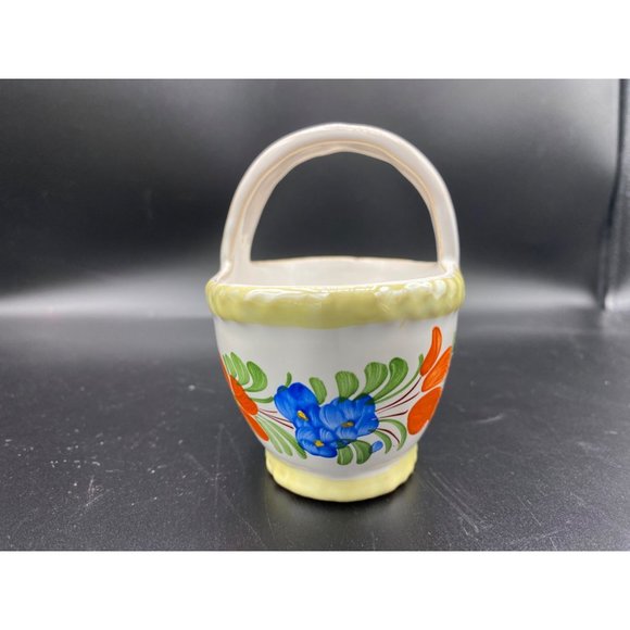 Vintage Ceramic Tole Painted Folk art Basket Hand Painted with Handle 4.5x4.5 - Picture 12 of 16